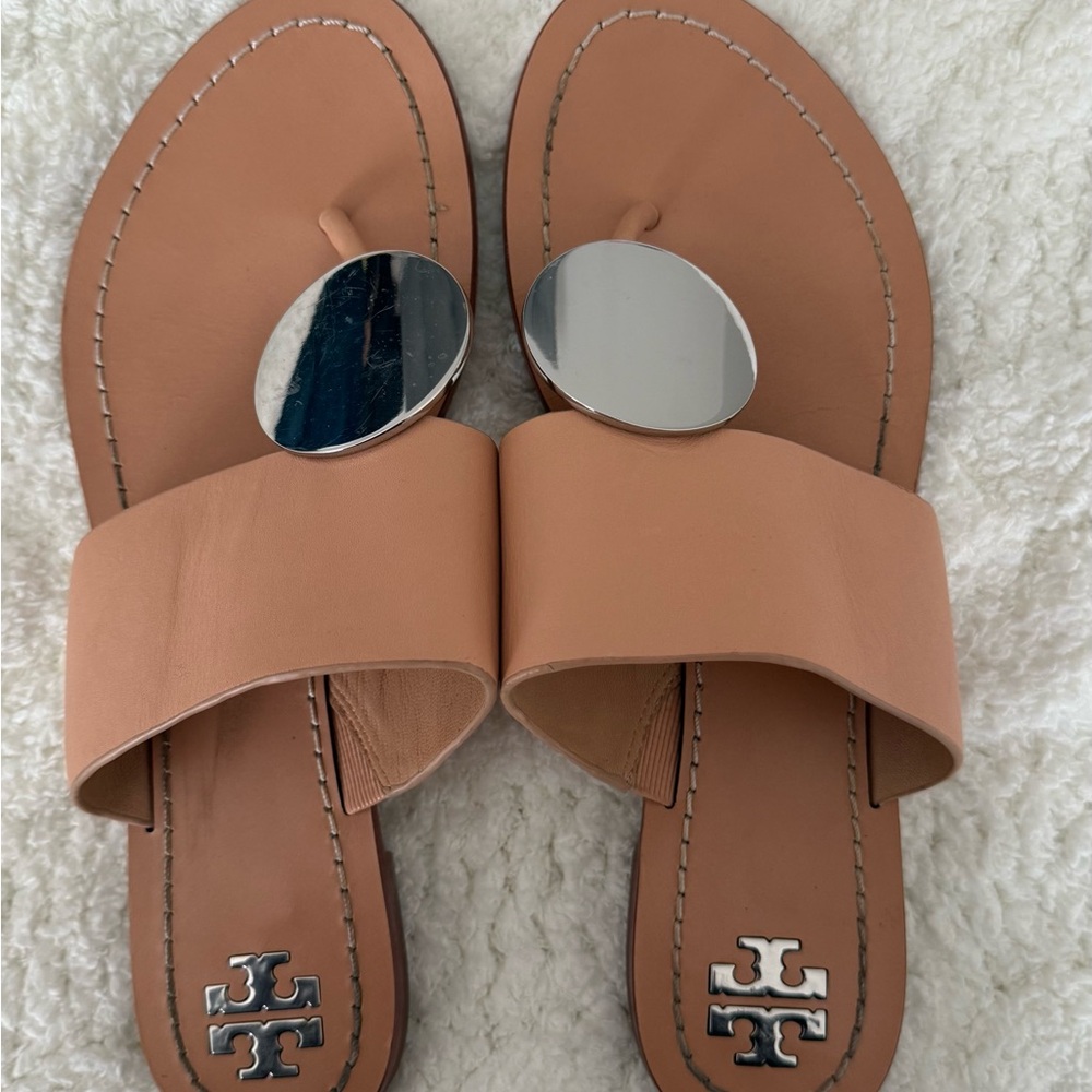 Cool Tory Burch Nude Sandals with Metallic Accents
